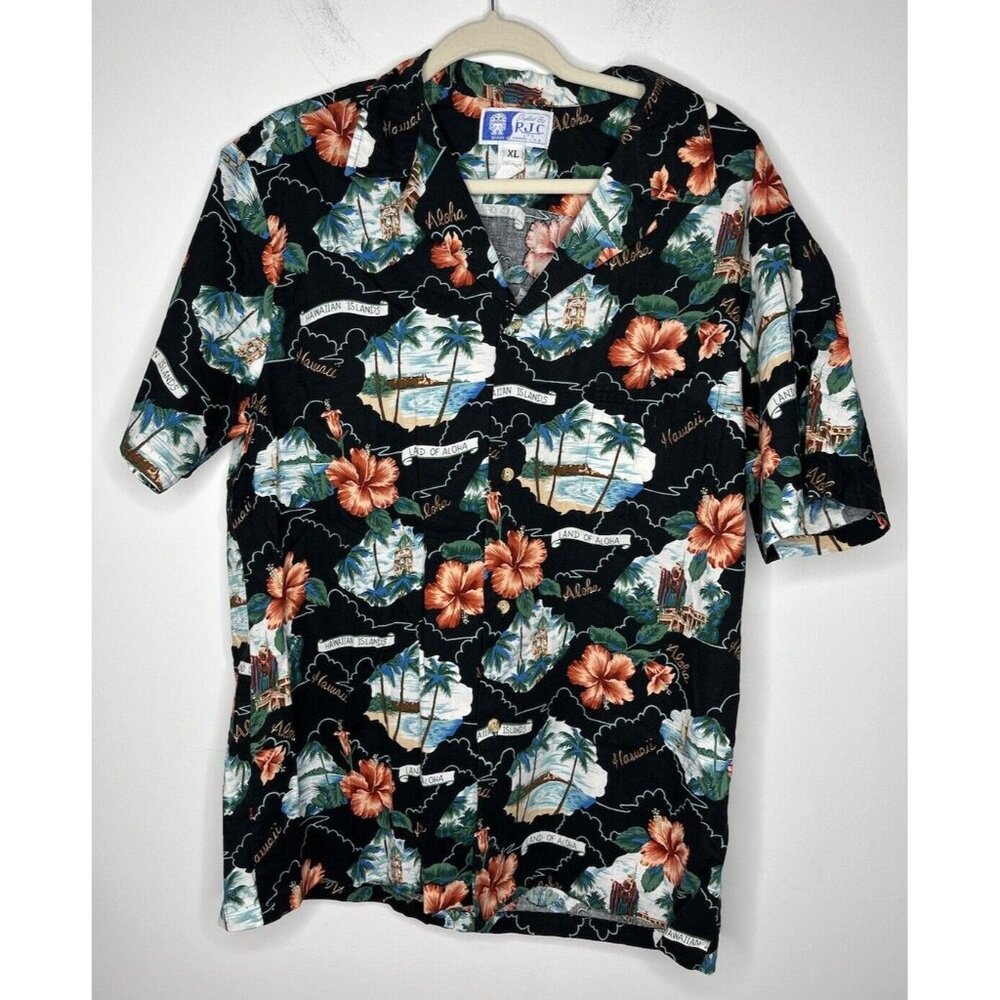Vtg RJC Hawaii Shirt Mens Size XL Black Floral‎ Made In USA Button Up